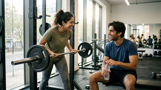 Two mates in their mid-20s laughing between sets in a bright modern gym