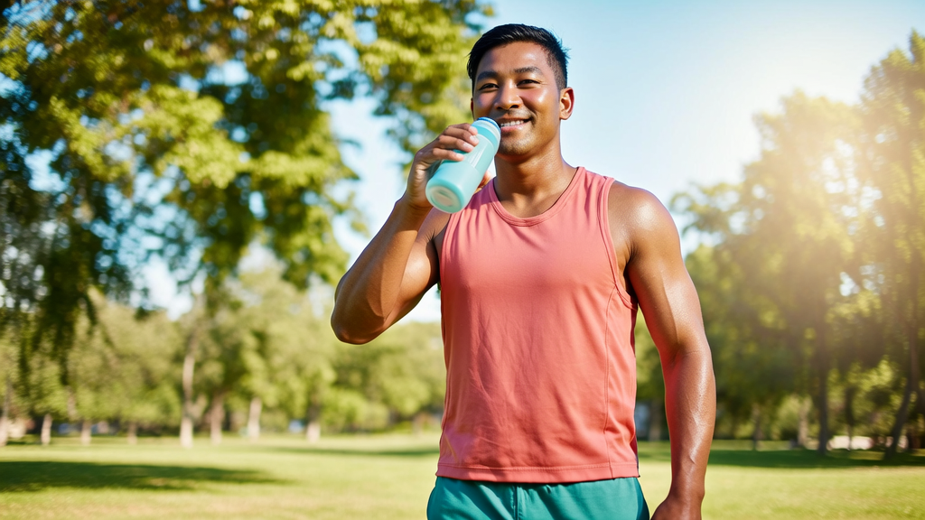 Happy fit runner taking a hydration break with electrolytes on a sunny summer park run — Fuel My Life
