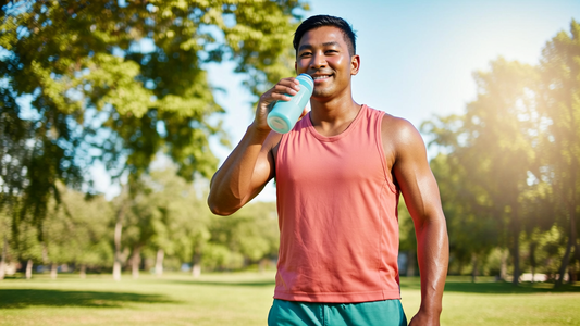 Happy fit runner taking a hydration break with electrolytes on a sunny summer park run — Fuel My Life