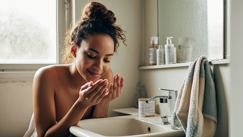 Young woman washing her face at a bathroom sink with natural daylight — simple skincare routine