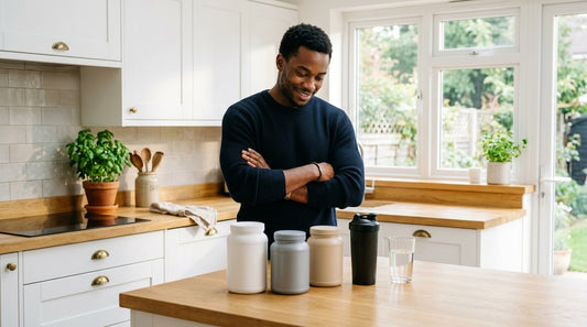 Young man in a bright modern kitchen weighing up his supplement collection