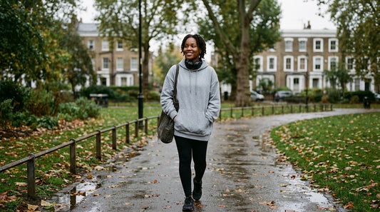 Young woman walking through a London park on an overcast morning