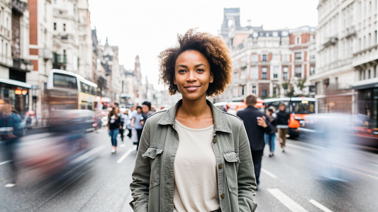 Calm young adult standing grounded on a busy blurred city street, symbolising resilience under pressure